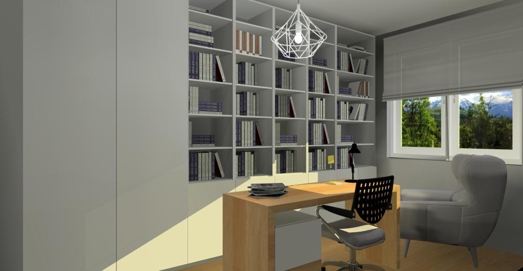 Projekt mieszkania - gabinet styl skandynawski, biurko, regał otwarty na salon